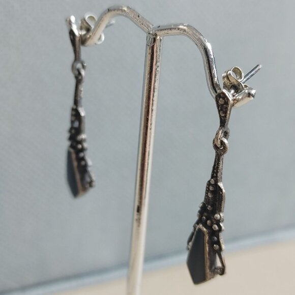 Antique Dangle Earrings  Black Onyx Post Back Art Deco Sterling Silver Victorian - Picture 10 of 11